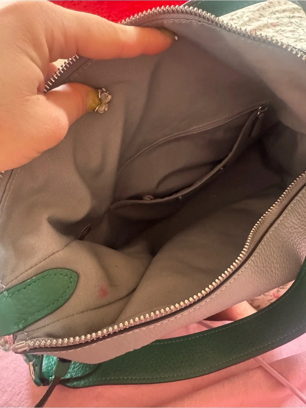Coach Pebbled Leather Pennie Shoulder Bag in Gray with Green Straps